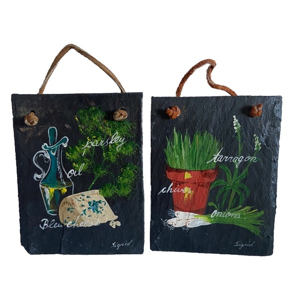 Vintage black slate wall art Herbs Hand Painted plaque set Sigrid Schmidt MCM - Picture 9 of 9
